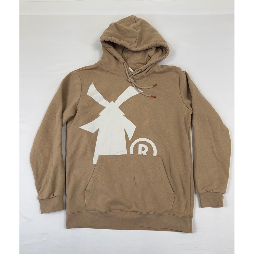 Dutch Bros Coffee Windmill Logo Hoodie Medium Tan Graphic Pullover Sweatshirt